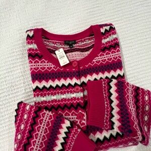 Talbots Vibrant Pink Fair Isle Nordic Cardigan Sweater New